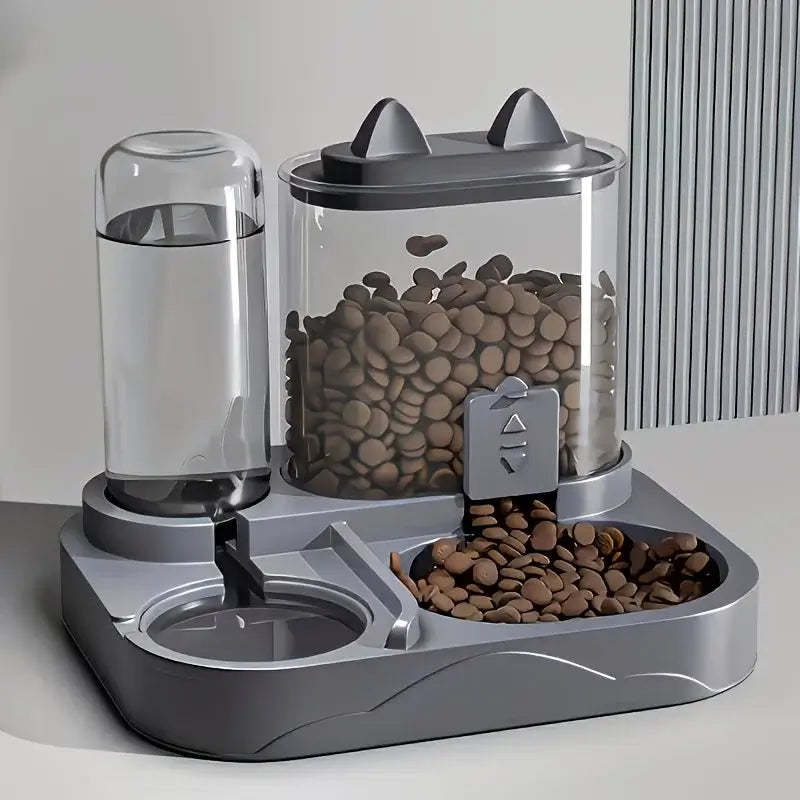 Two-in-one Pet Feeder and Water Bowl for dogs and cats, made of durable plastic with separate compartments for food and water.