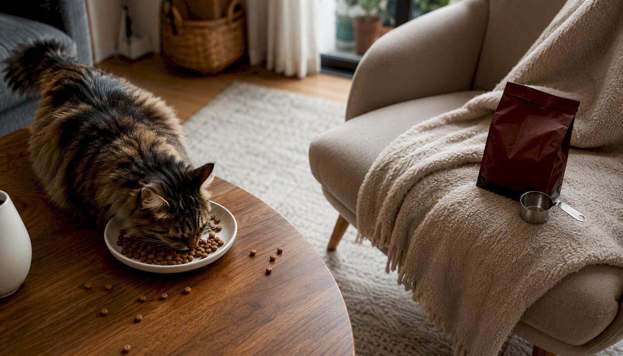 Zu Hause schlingt die Katze ihr Futter aus dem flachen Napf.