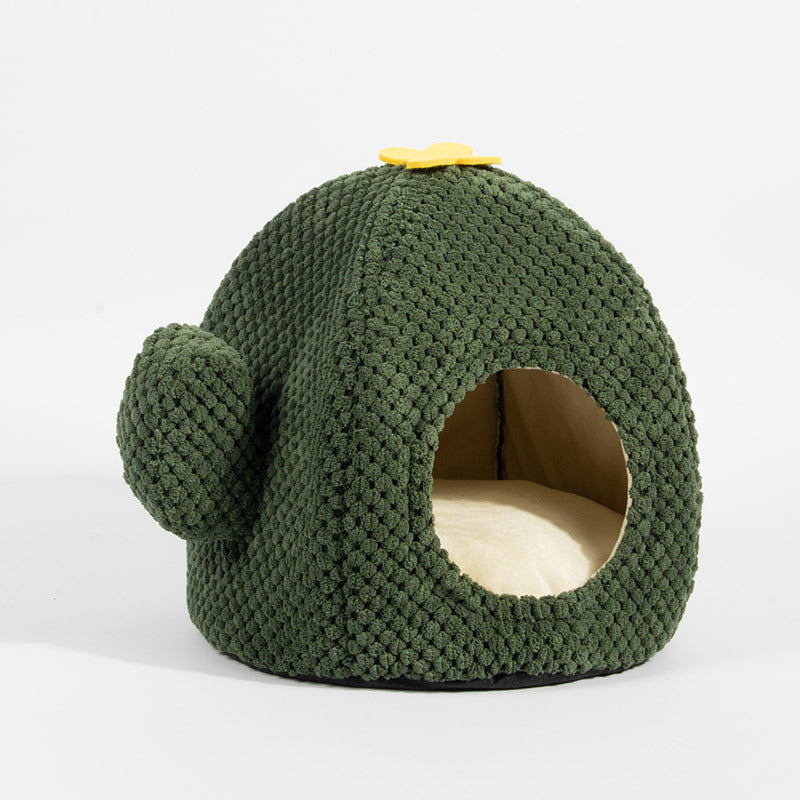 Cozy Cactus Cat Bed by CareHaven, an enclosed cave-style bed with cactus design, suitable for cats and small dogs.