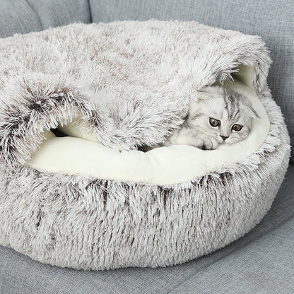 CareHaven plush donut cat bed with cozy cave design, ideal for small cats and dogs, soft and comfortable interior.