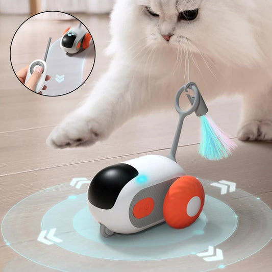 CareHaven remote-controlled cat car, an interactive chase toy for cats, showing the small motorized vehicle in action.