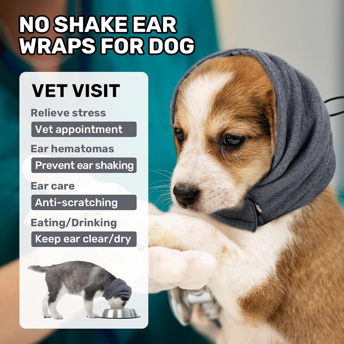 CareHaven Dog Calming Ear Wrap with adjustable cover for grooming and drying, gentle and comfortable for pets.