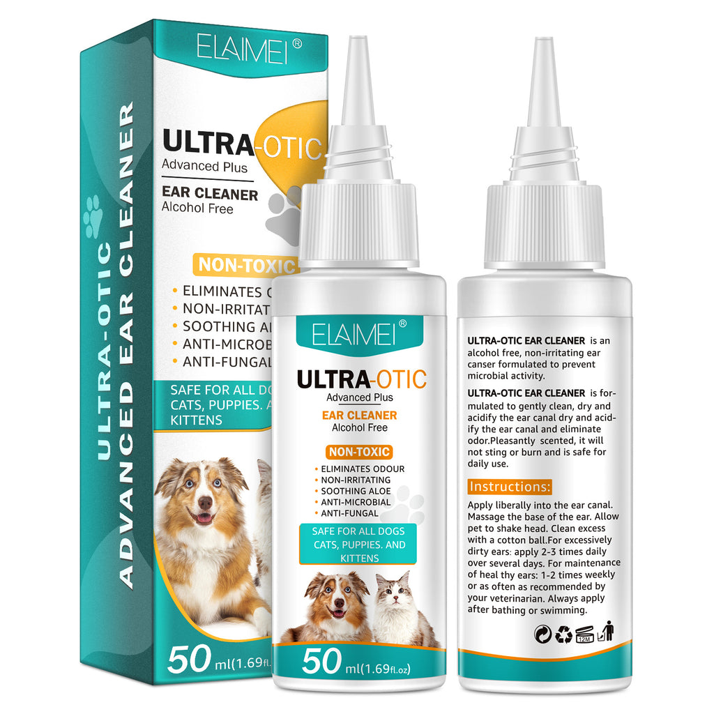 Pet Ear Cleaner 50ml by Petcartsupply.store shown in a clear image with the bottle and applicator for pet ear care.