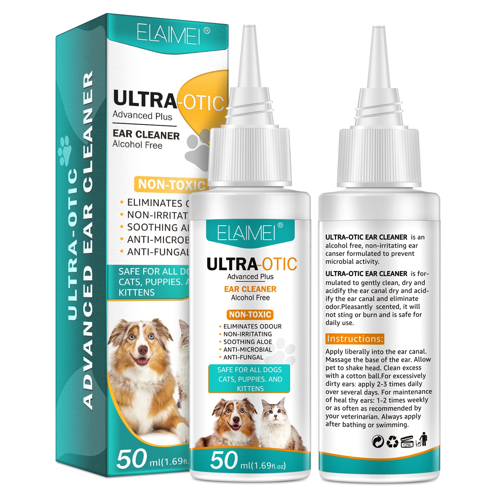 Pet Ear Cleaner 50ml by Petcartsupply.store shown in a clear image with the bottle and applicator for pet ear care.