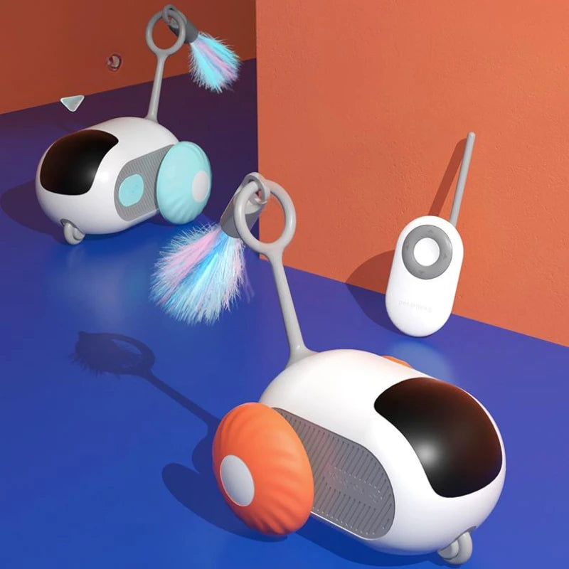CareHaven remote-controlled cat car toy with a sleek design, showcasing the interactive chase toy for cats in motion.
