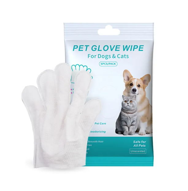 Pet cleaning gloves and wipes by Petcartsupply.store, showing soft gloves and cleaning wipes for pet grooming and hygiene.