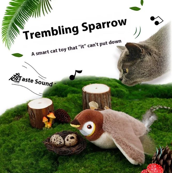 Flapping bird cat toy by Petcartsupply.store features colorful feathers and a mechanism to entertain cats.