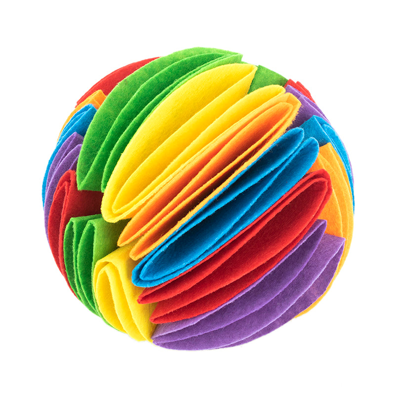 Interactive dog snuffle ball treat puzzle toy by Petcartsupply.store, showing a colorful fabric ball with openings for hiding treats.