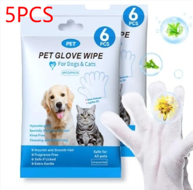 Pet cleaning gloves and wipes from Petcartsupply.store, showing gloves and wipes for grooming and cleaning pets.