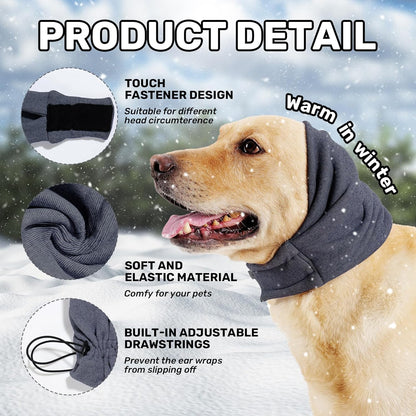 CareHaven dog calming ear wrap with adjustable ear cover designed for grooming and drying, shown on a small dog.