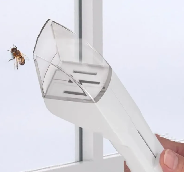 Handheld insect and bee catcher tool from Petcartsupply.store, with a transparent container and long handle for safe insect removal.