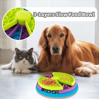 CareHaven slow feeder puzzle bowl for dogs and cats, with interactive food maze and colorful design for pet mental stimulation.
