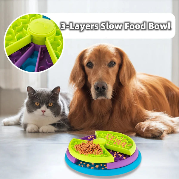 CareHaven slow food cat and dog bowl with rotating puzzle game board designed to prevent choking and promote healthy eating.