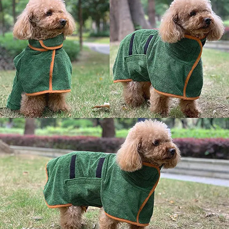 Petcartsupply.store pet bathrobe and fast drying towel shown, featuring soft fabric and absorbent material for quick drying after baths.
