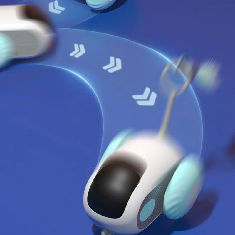 CareHaven remote-controlled cat car, an interactive chase toy for cats, shown in motion with colorful design and playful features.