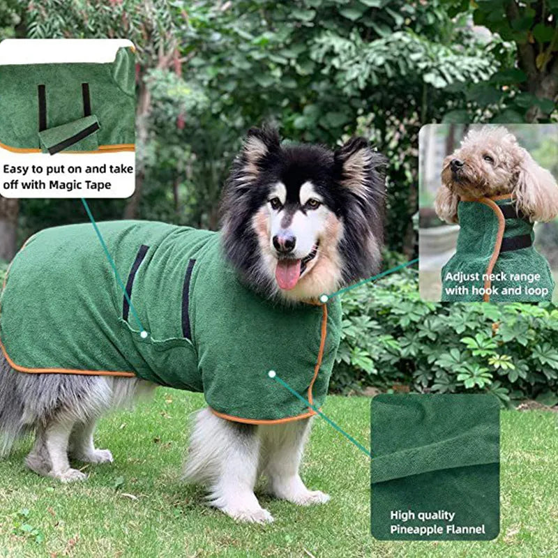 Petcartsupply.store pet bathrobe and fast drying towel, soft and absorbent for quick drying after baths, shown draped on a pet.