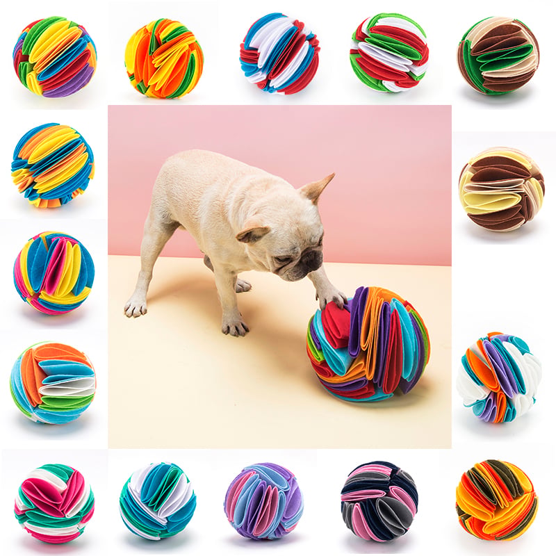 Foldable Petcartsupply.store dog snuffle ball for IQ training games, showing a soft, foldable toy with multiple openings for hiding treats.