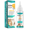 Pet ear cleaner in a 50ml bottle by Petcartsupply.store, shown with applicator tip and clear liquid for pet ear hygiene.