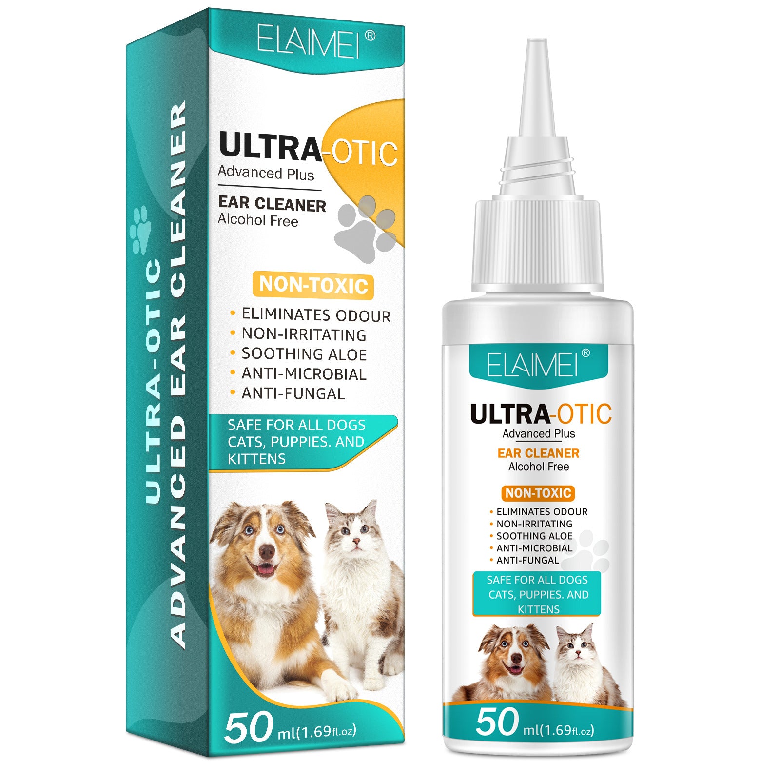 Pet ear cleaner in a 50ml bottle by Petcartsupply.store, shown with applicator tip and clear liquid for pet ear hygiene.