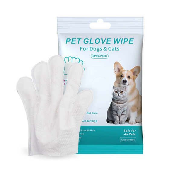 Pet cleaning gloves and wipes for pet grooming, showing soft gloves and cleaning wipes in a natural setting.