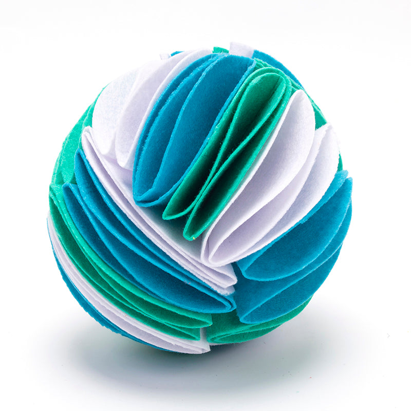 Interactive dog treat puzzle toy snuffle ball by Petcartsupply.store, showing a colorful fabric ball designed for canine mental stimulation.
