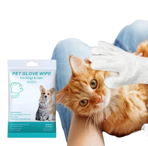 Pet cleaning gloves and wipes from Petcartsupply.store, showing soft gloves and hygienic wipes for pet grooming and cleaning.