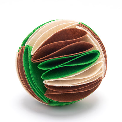 Interactive dog treat puzzle toy featuring a colorful snuffle ball designed to stimulate and entertain pets.