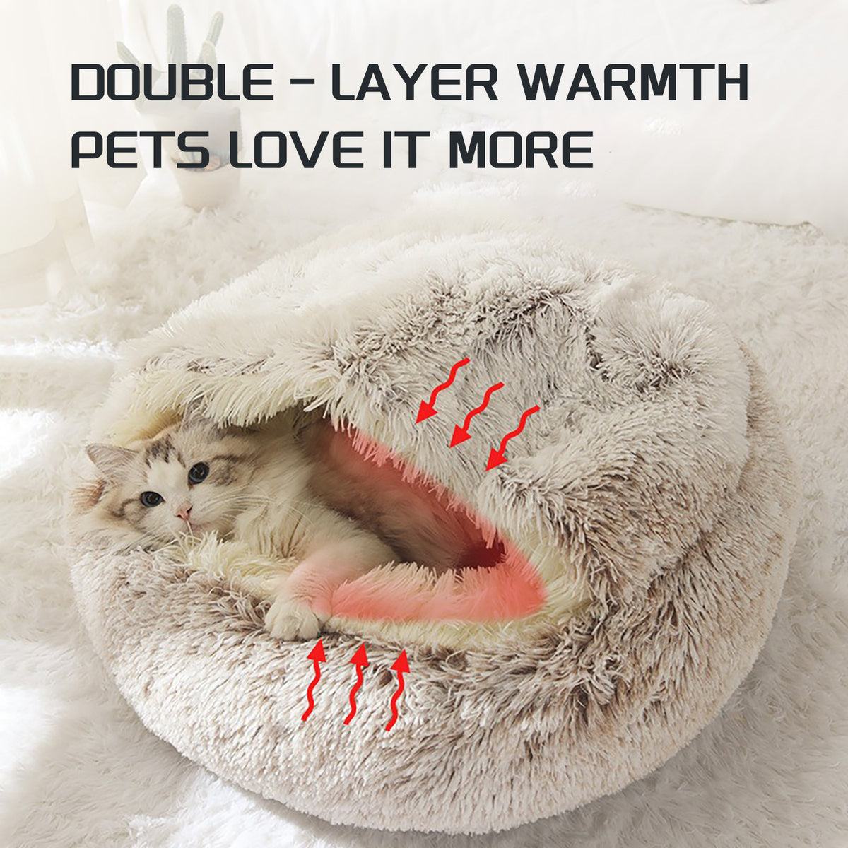 CareHaven plush donut cat bed with cozy cave design, perfect for small cats and dogs to rest comfortably.