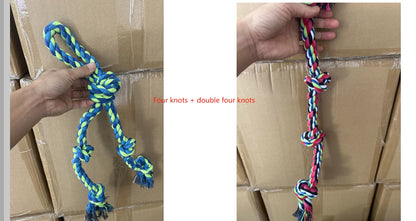 CareHaven rope knot dog toy for tugging and fetching, featuring durable twisted rope with multiple knots for dogs to chew and play.