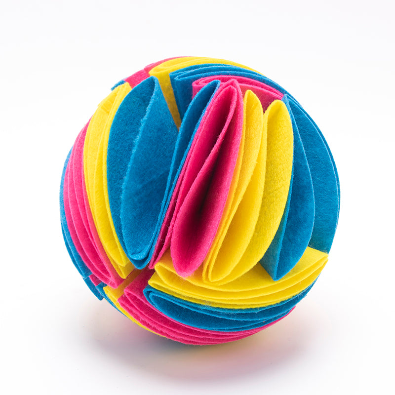 Interactive dog snuffle ball treat puzzle toy by Petcartsupply.store, showing a colorful fabric ball with treats inside for mental stimulation.