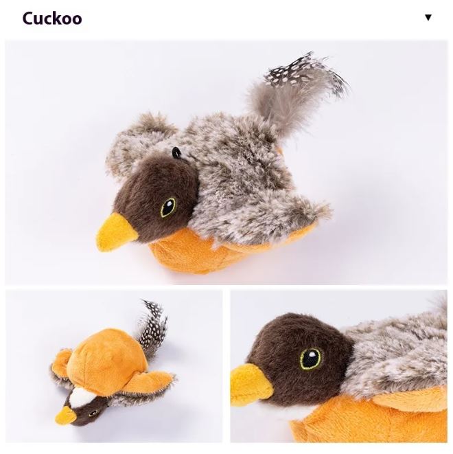Flapping bird cat toy with colorful feathers and moving wings, designed to entertain and engage cats during playtime.