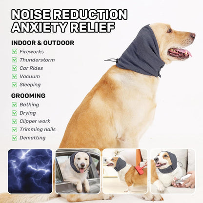 CareHaven Dog Calming Ear Wrap with adjustable ear cover, shown on a dog, designed for grooming and drying comfort.