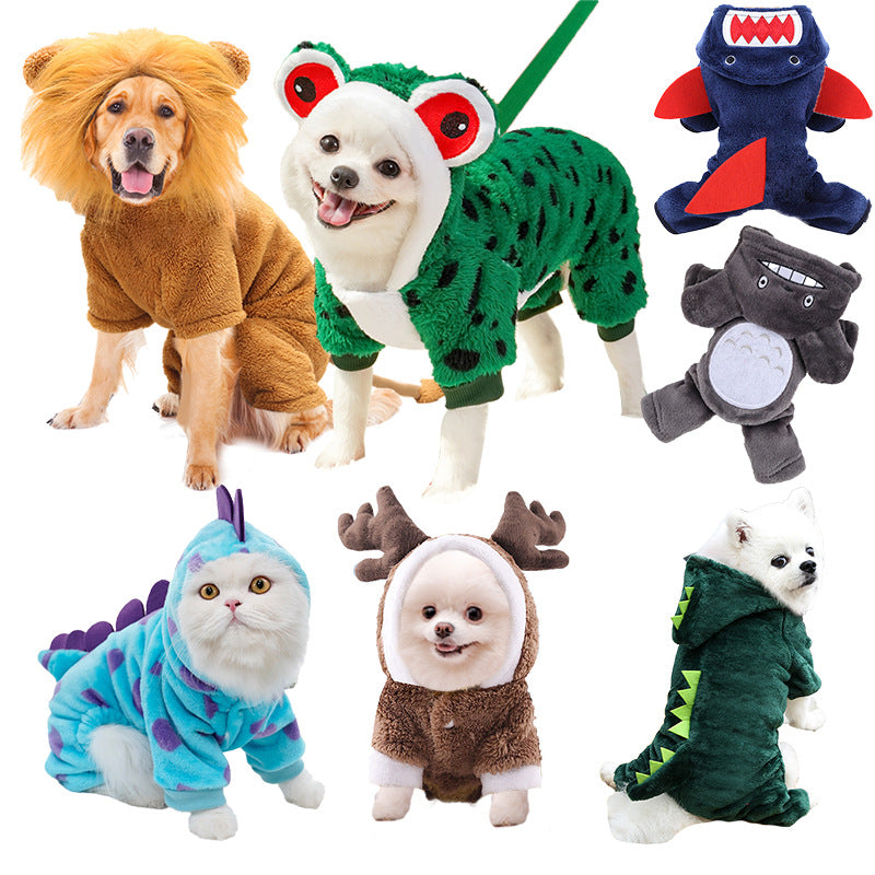 Cartoon pet costume for dogs and cats, warm four-legged cotton coat for fall and winter, featuring colorful, cozy design.