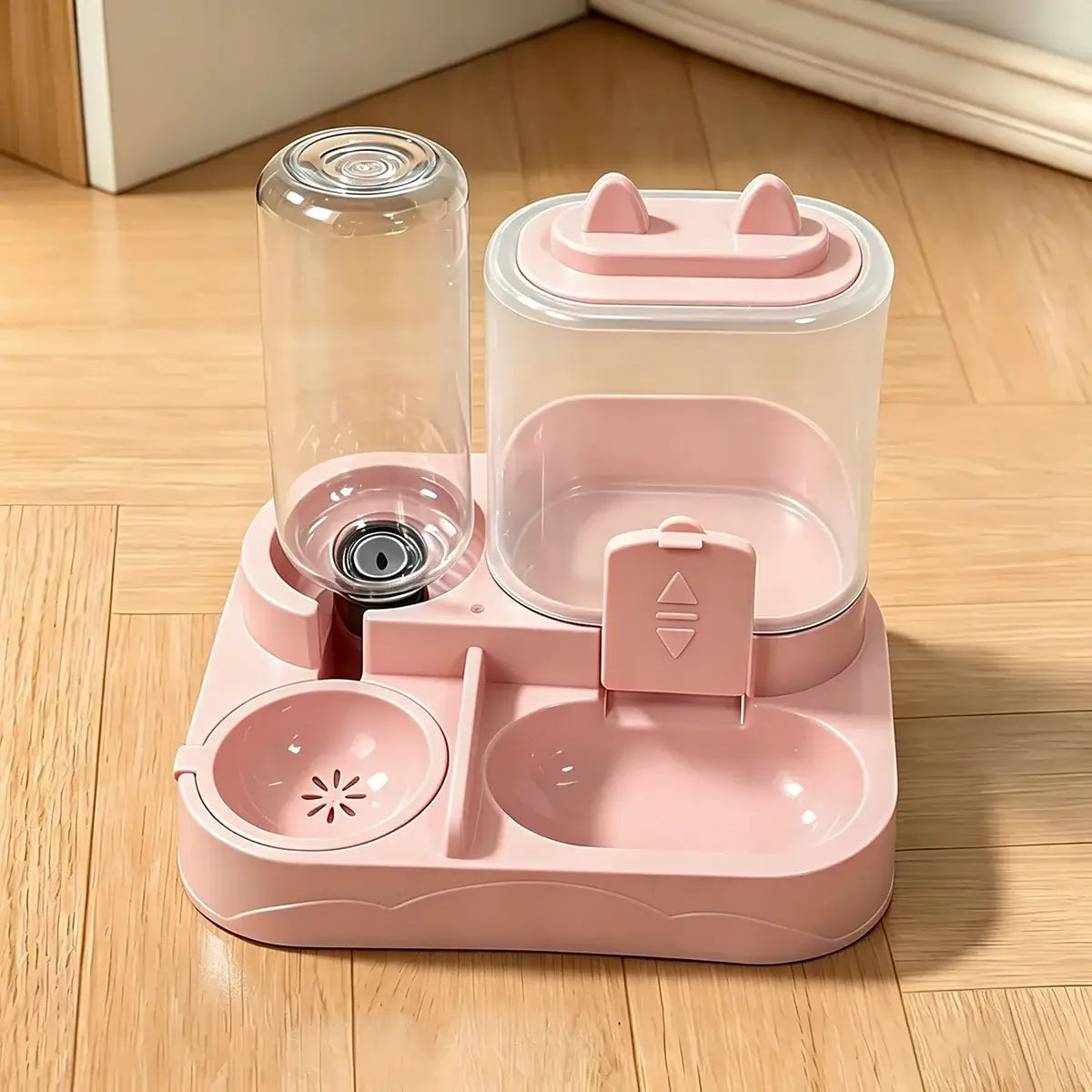 Two-in-one pet feeder and water bowl for dogs and cats, with stainless steel bowls and durable plastic base from Petcartsupply.