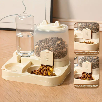 Petcartsupply.store 2-in-1 pet feeder and water bowl for dogs and cats, featuring durable plastic design with separate compartments.