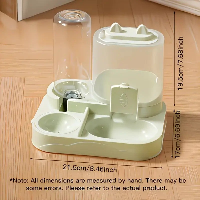 Dual-purpose Petcartsupply 2-in-1 pet feeder and water bowl for dogs and cats, with stainless steel bowls and non-slip base.