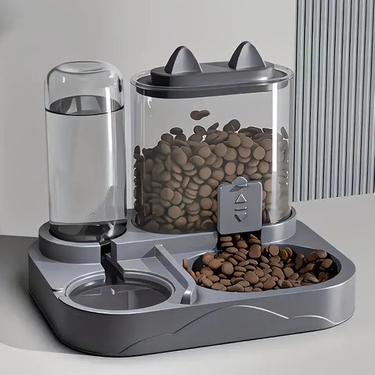 Two-in-one Pet Feeder and Water Bowl for dogs and cats, made of durable plastic with separate compartments for food and water.