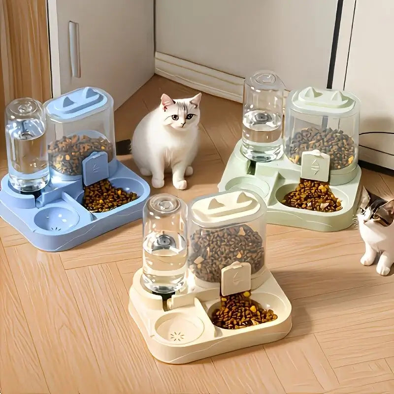 Petcartsupply.store 2-in-1 pet feeder and water bowl for dogs and cats, with a combined design and durable plastic construction.