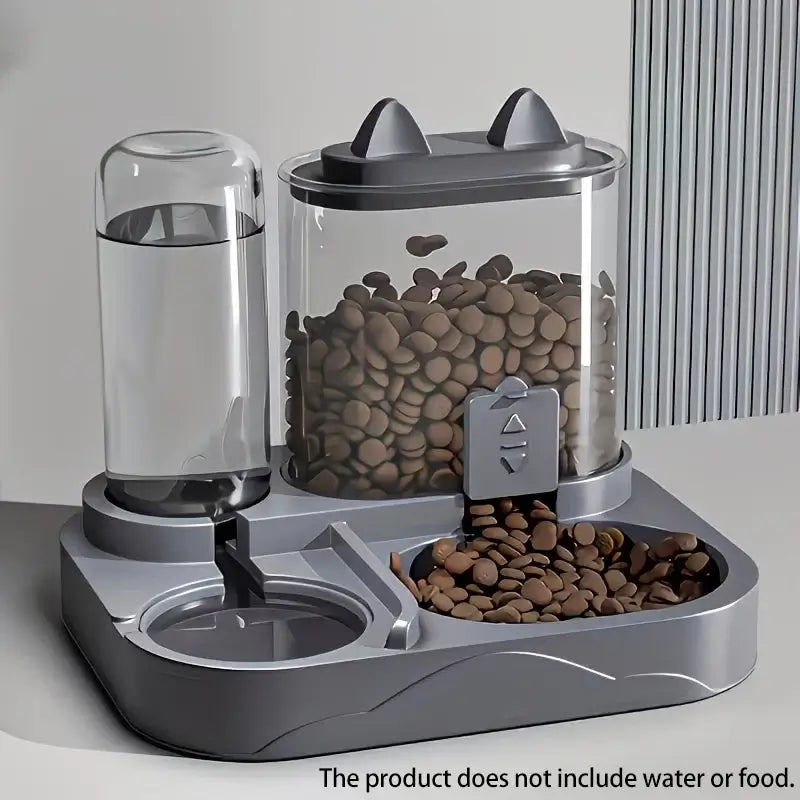 Two-in-one pet feeder and water bowl for dogs and cats, made of durable plastic with separate compartments for food and water.