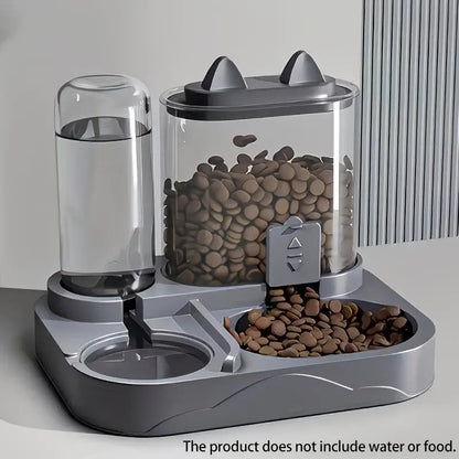 Two-in-one pet feeder and water bowl for dogs and cats, made of durable plastic with separate compartments for food and water.