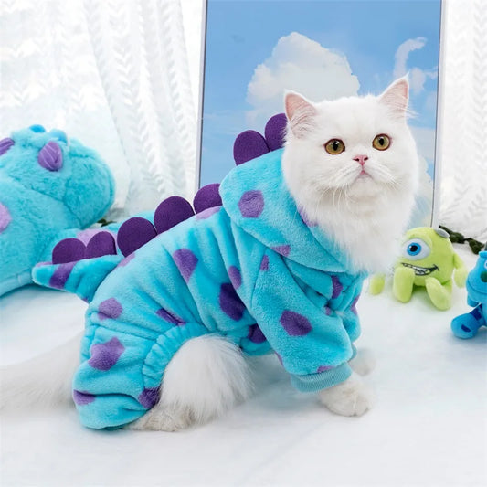Small dog and cat wearing Petcartsupply dinosaur pet hoodie made of cozy fleece, featuring a fun dinosaur design.