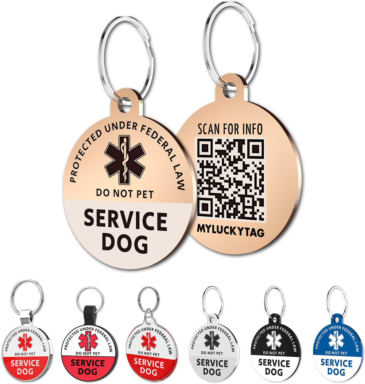 Stainless steel Petcartsupply™ QR Code Dog ID Tag with engraved details, attached to a dog collar.