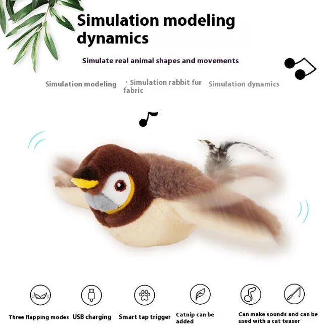 Flapping bird cat toy with colorful feathers and plastic beak, designed to entertain and stimulate cats during playtime.