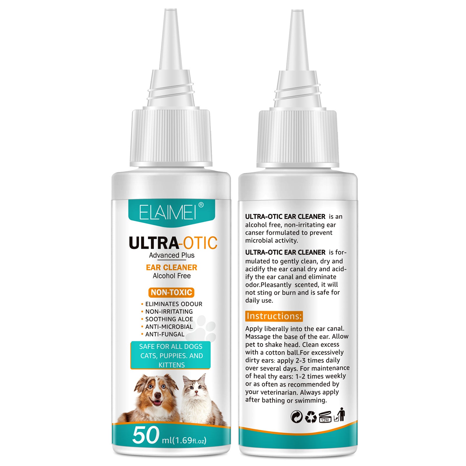 Pet ear cleaner in a 50ml bottle from Petcartsupply.store, showing the clear liquid and applicator tip for pet ear cleaning.