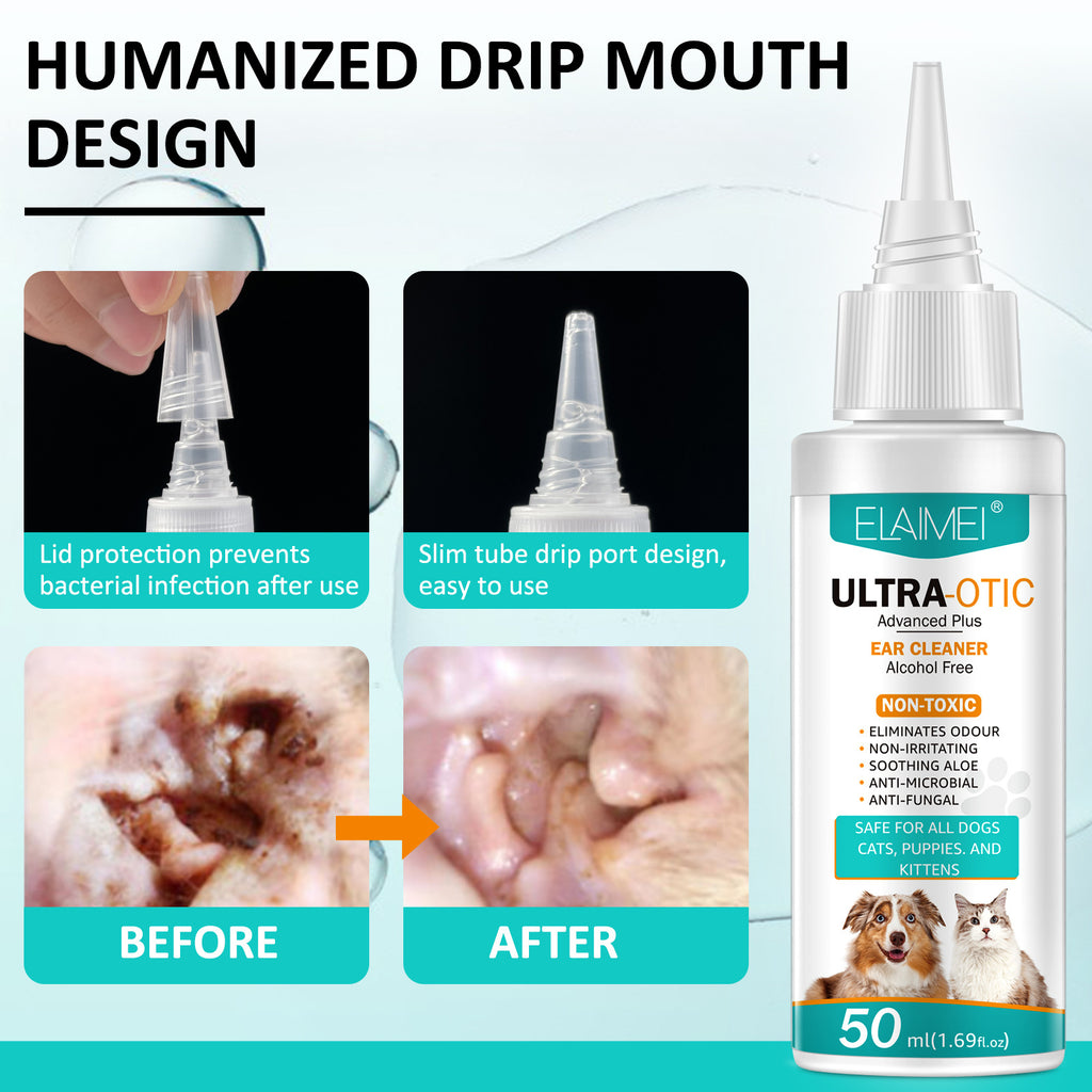 Pet ear cleaner in a 50ml bottle from Petcartsupply.store, showing the clean, angled bottle with a nozzle tip for pet ear cleaning.