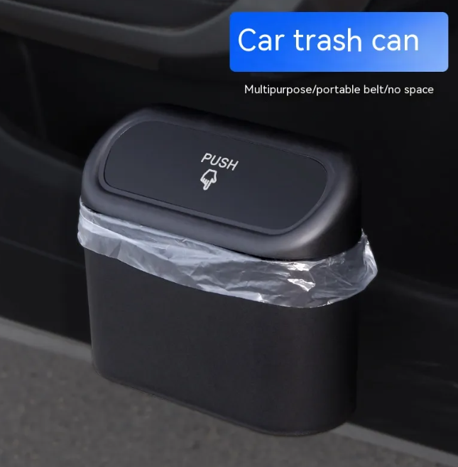 Foldable car trash can from Petcartsupply.store, compact design with lid, suitable for organizing waste in vehicles.
