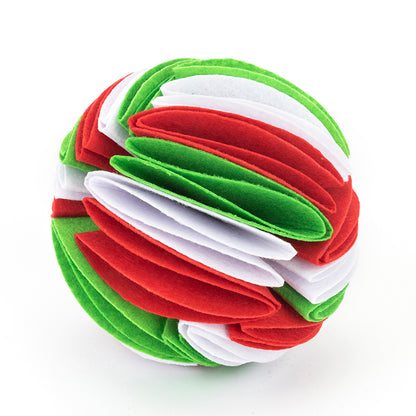Interactive dog snuffle ball treat puzzle toy by Petcartsupply.store, featuring colorful fabric and multiple hiding spots for mental stimulation.