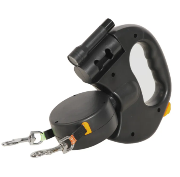Auto double dog leash from Petcartsupply.store showing a sturdy black leash with two clips for walking two dogs simultaneously.