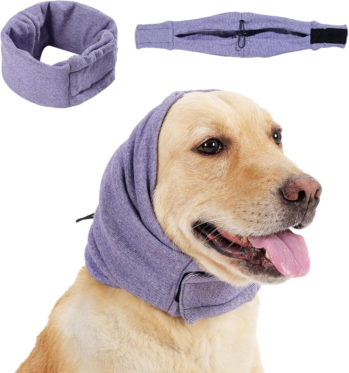 CareHaven dog calming ear wrap with adjustable ear cover for grooming and drying, designed to keep dogs comfortable.