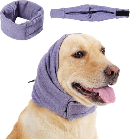 CareHaven dog calming ear wrap with adjustable ear cover for grooming and drying, designed to keep dogs comfortable.